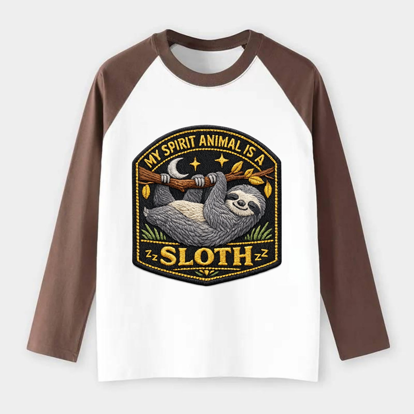 MY SPIRIT ANIMAL IS A SLOTH - lazy sloth in gray , slow life - Raglan Long Sleeve T-Shirt - Coffee