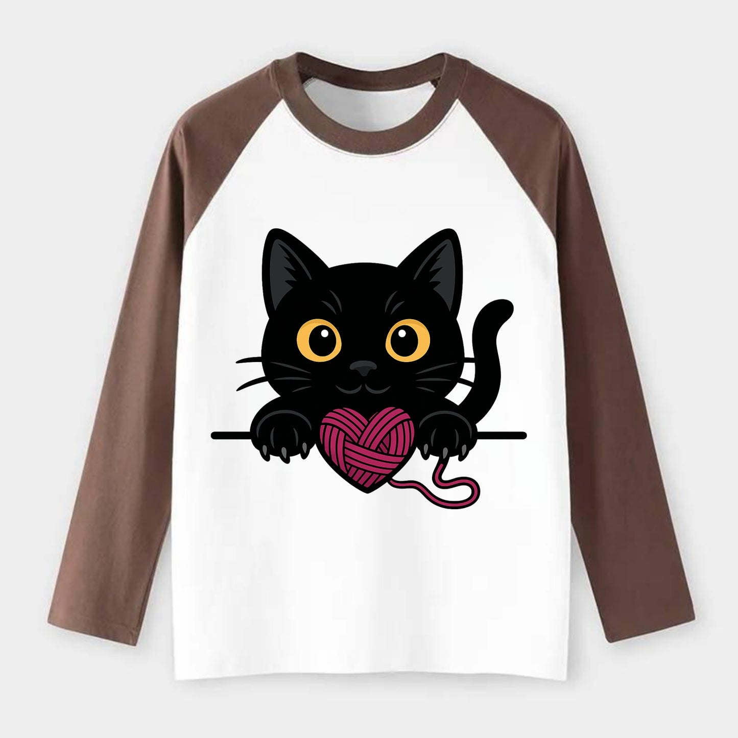 Midnight the black cat stretching tall with claws gently hooked over - Raglan Long Sleeve T-Shirt - Coffee