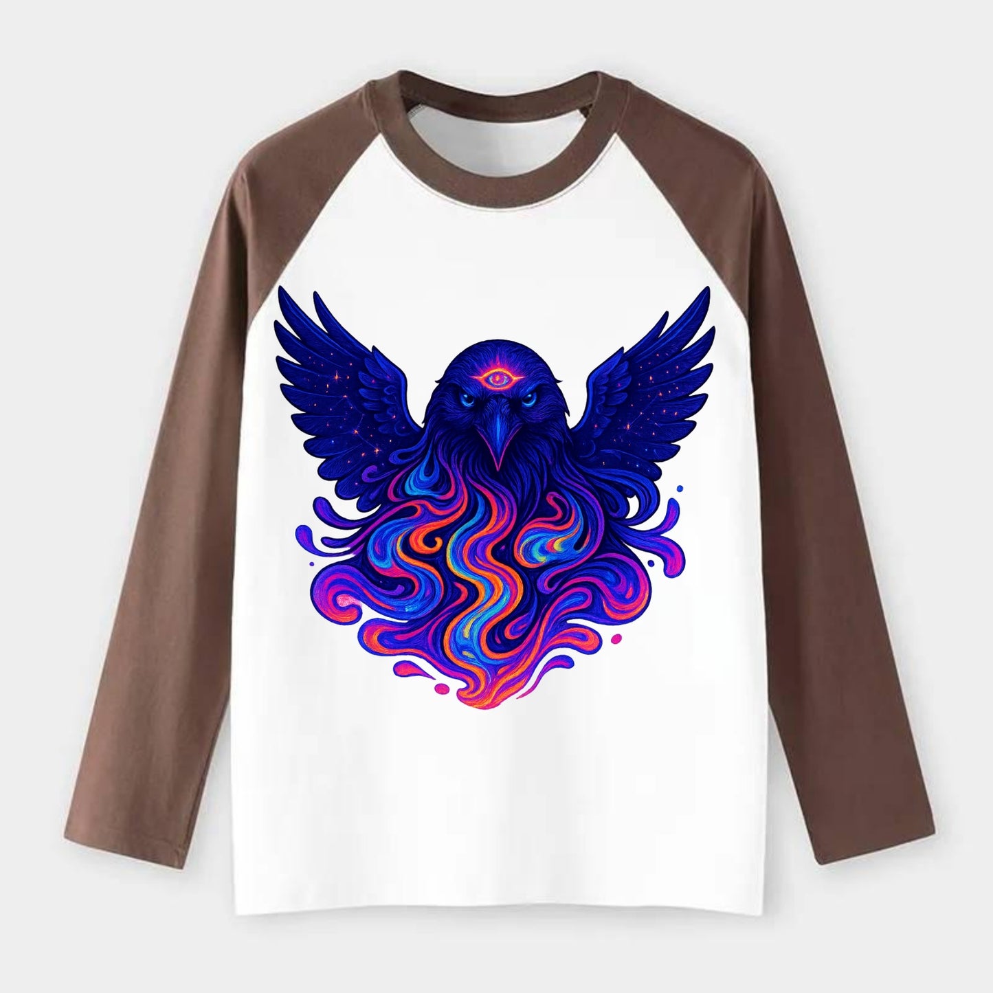 Mysterious raven with feathers showing future visions in neon colors, - Raglan Long Sleeve T-Shirt - Coffee