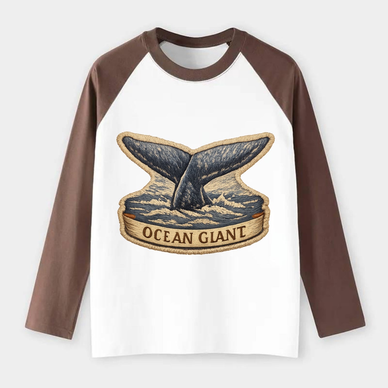 WHALE TAIL - diving whale in blue and gray , ocean giant - Raglan Long Sleeve T-Shirt - Coffee
