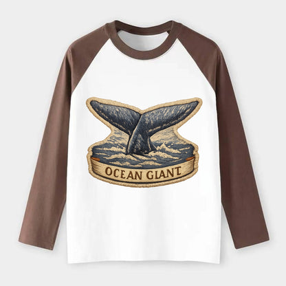 WHALE TAIL - diving whale in blue and gray , ocean giant - Raglan Long Sleeve T-Shirt - Coffee