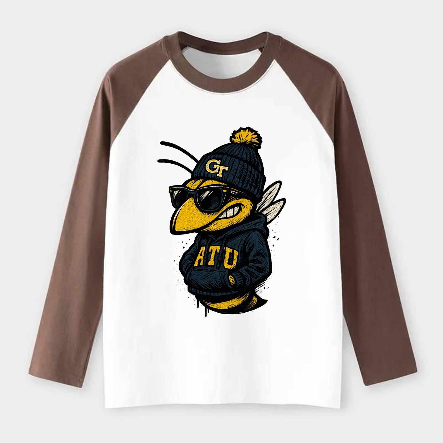 Atlanta Yellow Jacket wearing Georgia Tech beanie with GT patch - Raglan Long Sleeve T-Shirt - Coffee