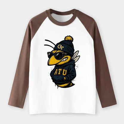Atlanta Yellow Jacket wearing Georgia Tech beanie with GT patch - Raglan Long Sleeve T-Shirt - Coffee