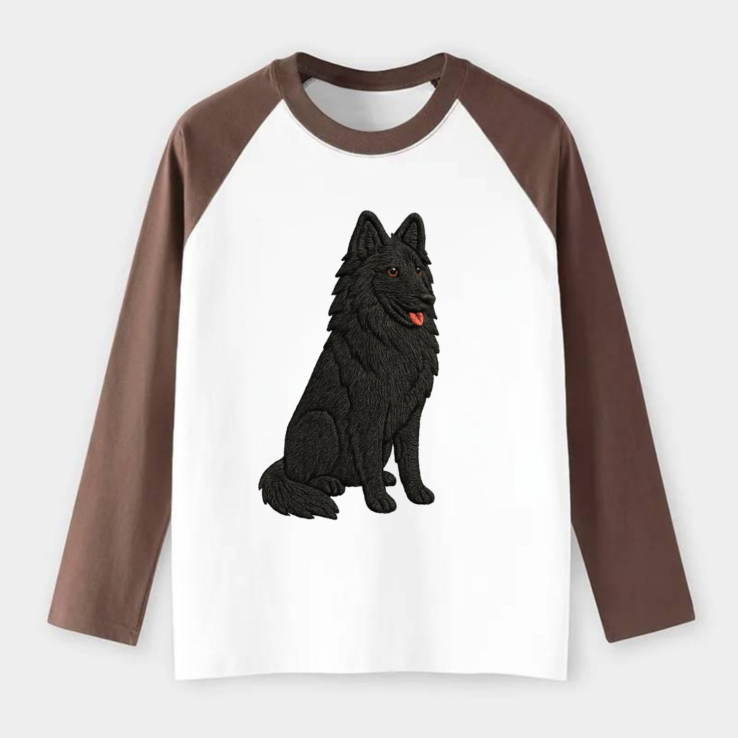 Belgian Sheepdog - Black long-haired embroidered pose - Raglan Long Sleeve T-Shirt - Coffee