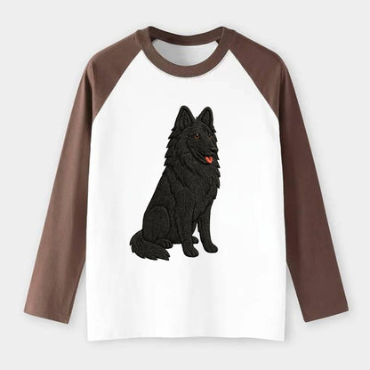 Belgian Sheepdog - Black long-haired embroidered pose - Raglan Long Sleeve T-Shirt - Coffee
