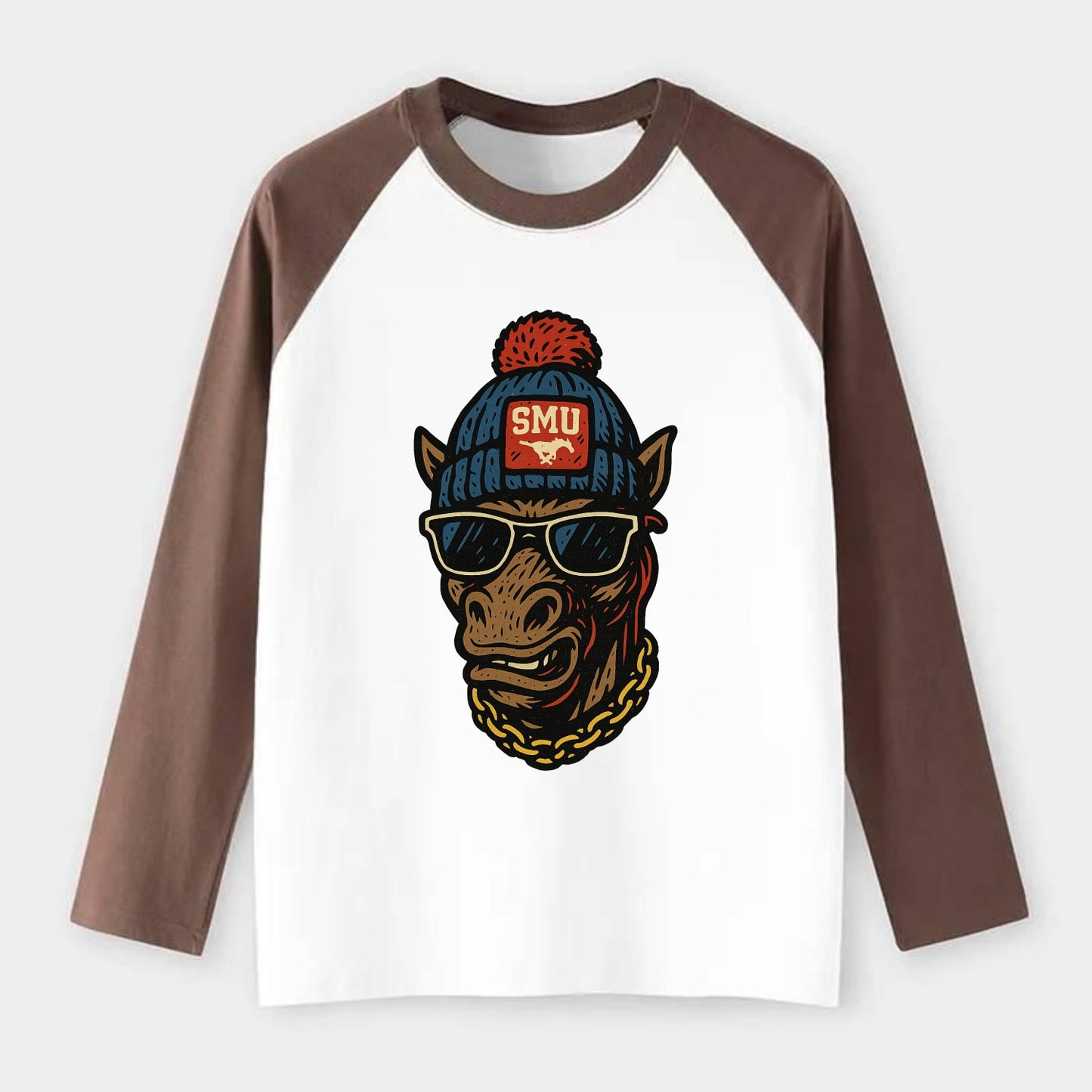Dallas Mustang wearing SMU beanie with pony patch - Raglan Long Sleeve T-Shirt - Coffee