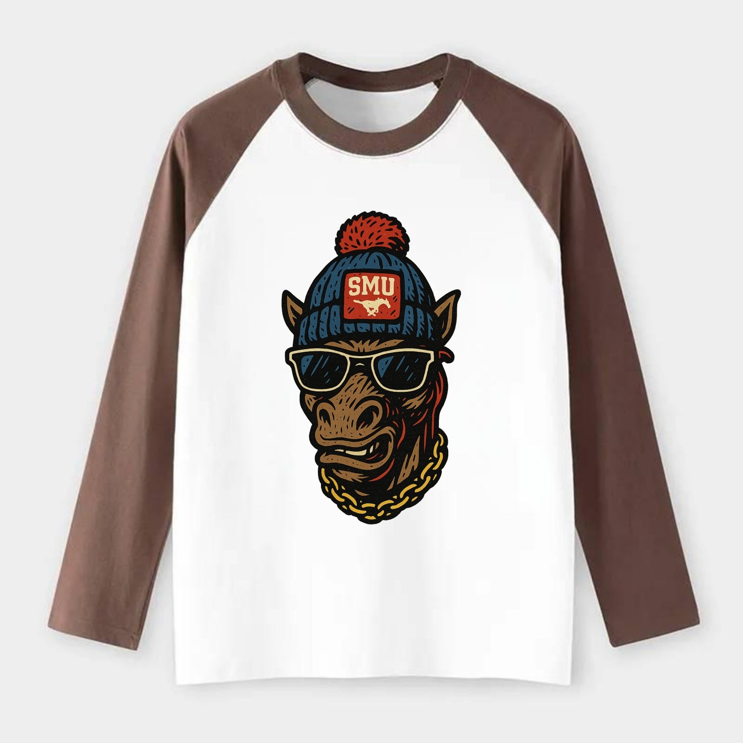 Dallas Mustang wearing SMU beanie with pony patch - Raglan Long Sleeve T-Shirt - Coffee
