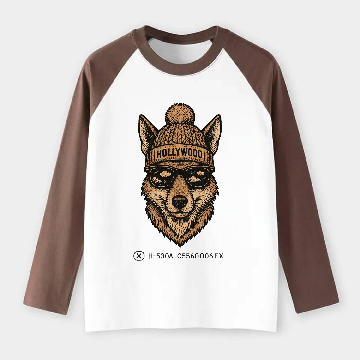 LA Coyote wearing Hollywood beanie with pom pom and wayfarer sunglasses - Raglan Long Sleeve T-Shirt - Coffee