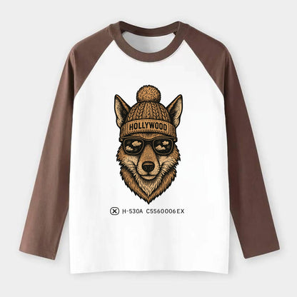 LA Coyote wearing Hollywood beanie with pom pom and wayfarer sunglasses - Raglan Long Sleeve T-Shirt - Coffee