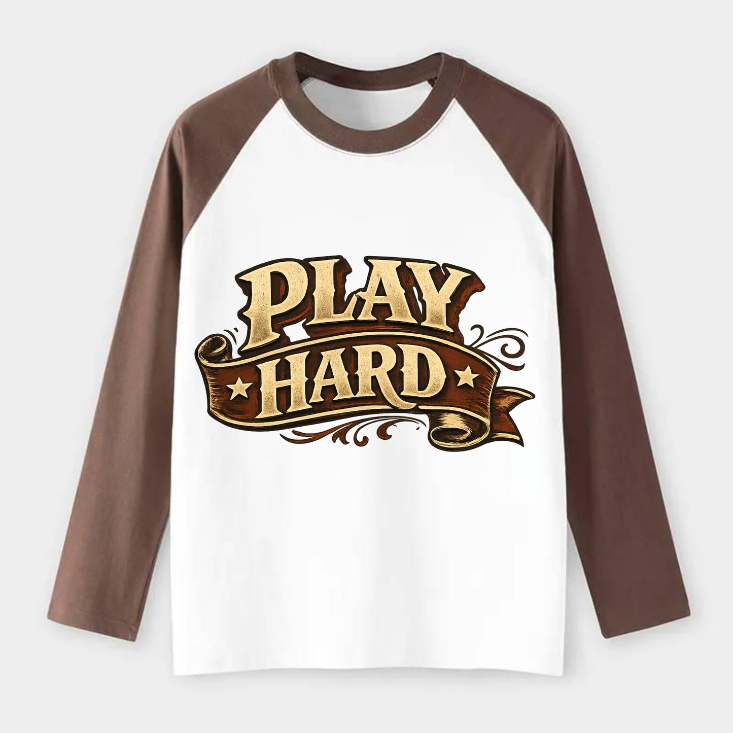 Bold typography design - "PLAY HARD" - giving your all, full effort - Raglan Long Sleeve T-Shirt - Coffee