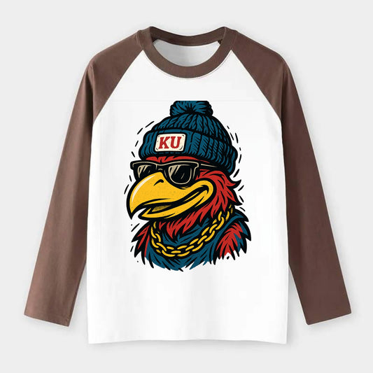 Lawrence Jayhawk wearing Kansas beanie with KU patch - Raglan Long Sleeve T-Shirt - Coffee