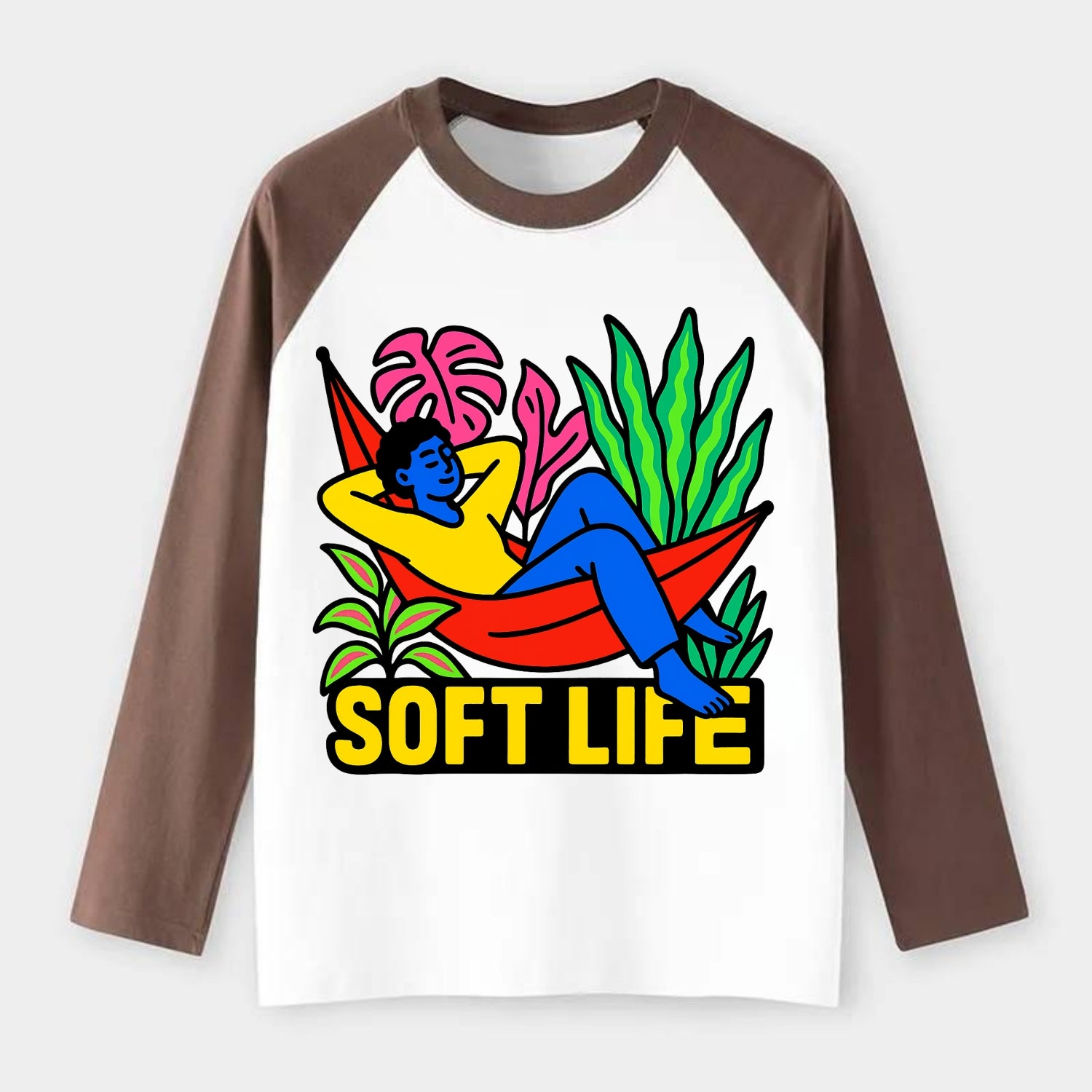Person relaxing in hammock with plants - "soft life" aesthetic, - Raglan Long Sleeve T-Shirt - Coffee
