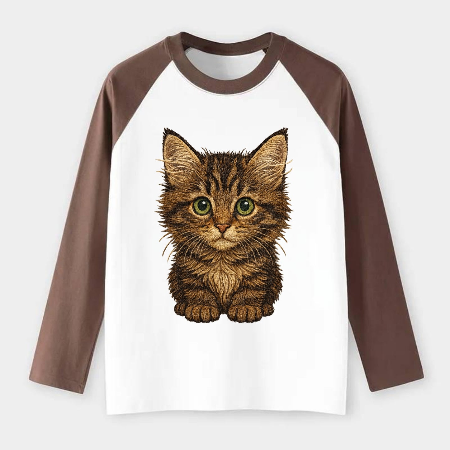 Baby Maine Coon Kitten - large fluffy tabby, tufted ears, big green - Raglan Long Sleeve T-Shirt - Coffee