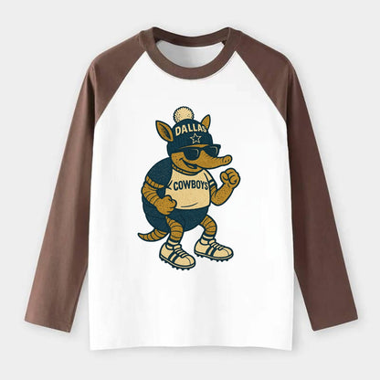 Dallas Armadillo wearing Cowboys beanie with lone star patch and - Raglan Long Sleeve T-Shirt - Coffee