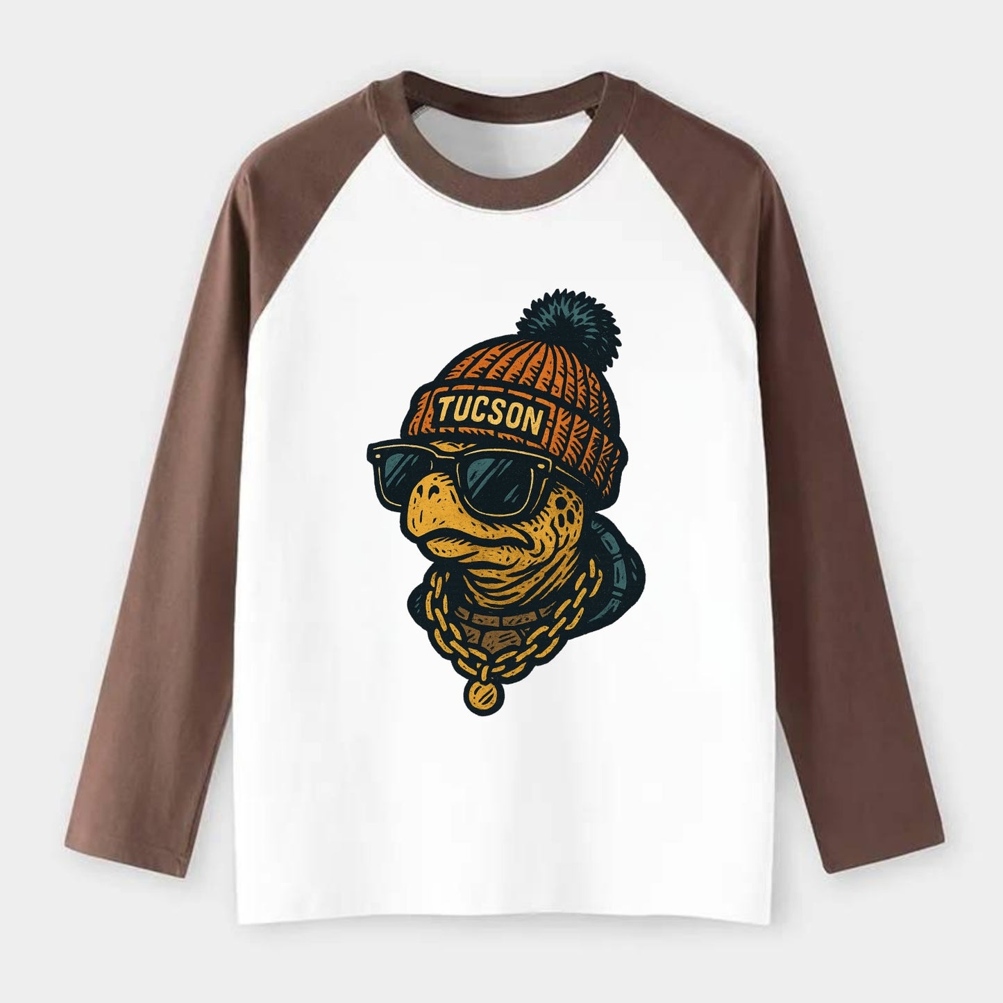 Tucson Desert Tortoise wearing Tucson beanie with pom pom and wayfarer - Raglan Long Sleeve T-Shirt - Coffee
