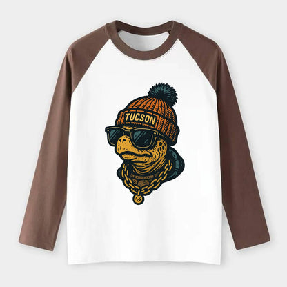 Tucson Desert Tortoise wearing Tucson beanie with pom pom and wayfarer - Raglan Long Sleeve T-Shirt - Coffee