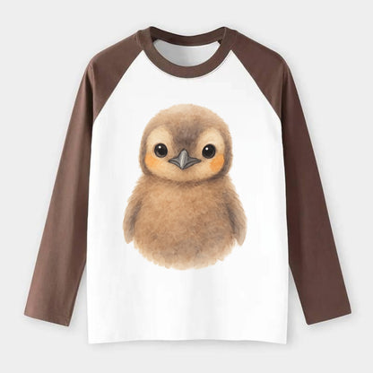 Baby King Penguin - orange cheek patches, fluffy brown, large eyes, - Raglan Long Sleeve T-Shirt - Coffee