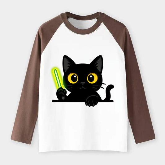 Midnight the black cat fist bumping the viewer with right paw extended. - Raglan Long Sleeve T-Shirt - Coffee