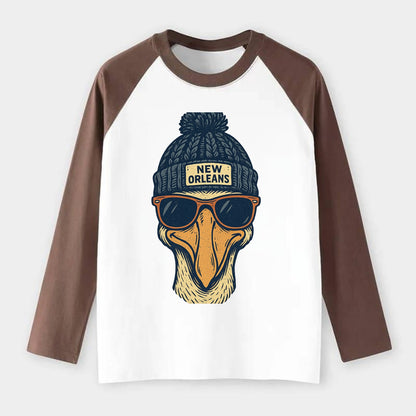 New Orleans Pelican wearing New Orleans beanie with pom pom and - Raglan Long Sleeve T-Shirt - Coffee
