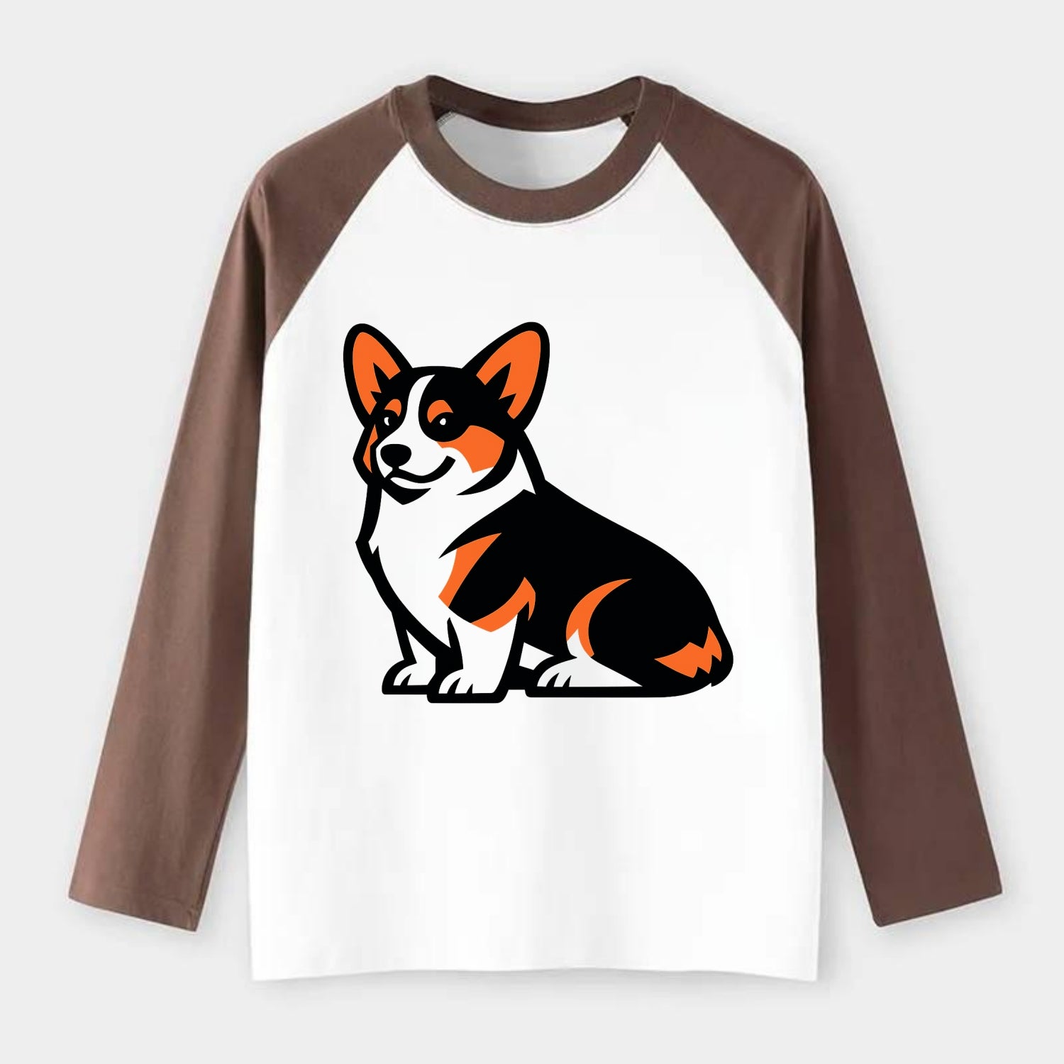 Tricolor Corgi Charm - Raglan Long Sleeve T-Shirt - Coffee