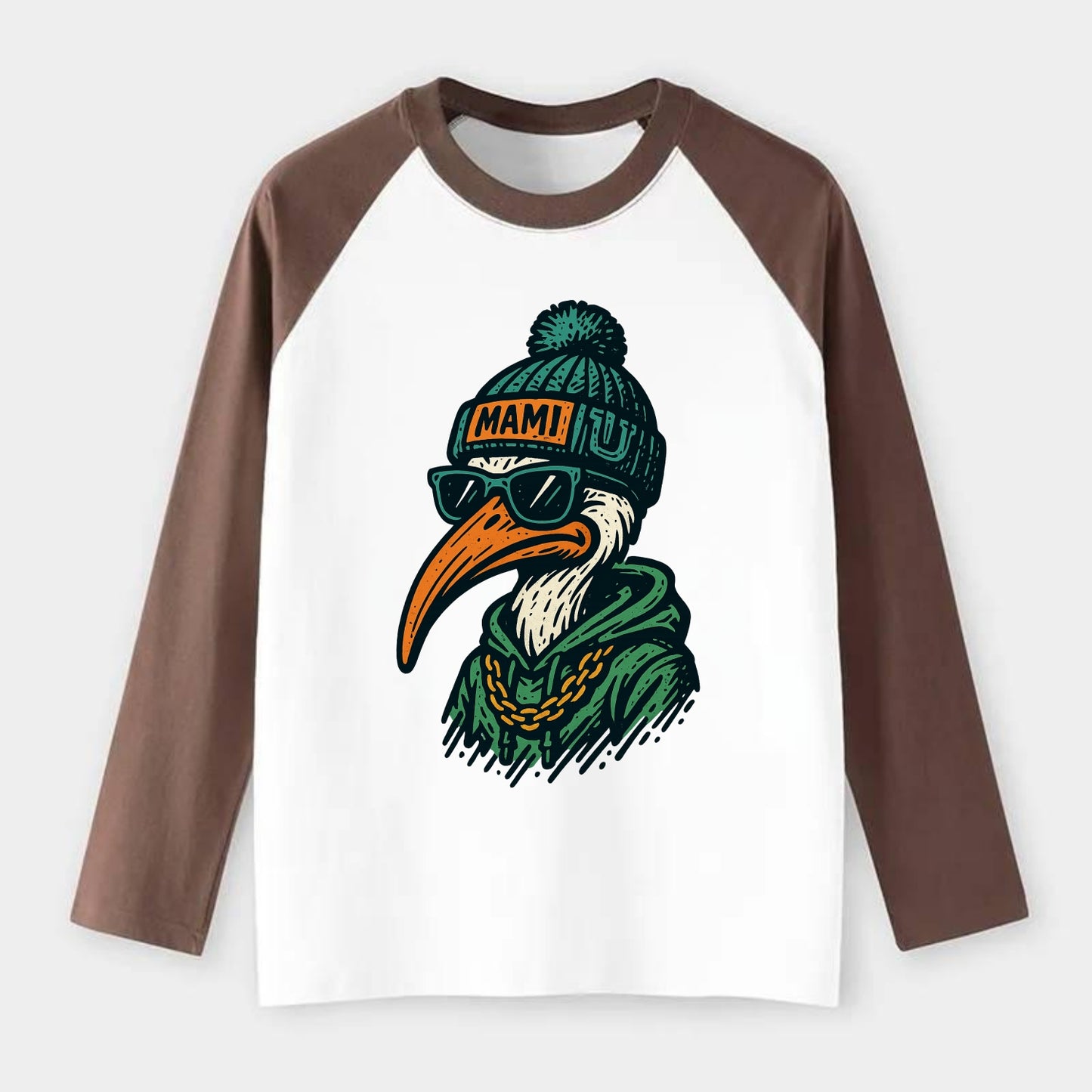 Coral Gables Ibis wearing Miami beanie with U patch - Raglan Long Sleeve T-Shirt - Coffee