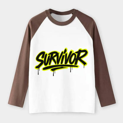 Bold typography design - "SURVIVOR" - overcomer, still standing, made - Raglan Long Sleeve T-Shirt - Coffee