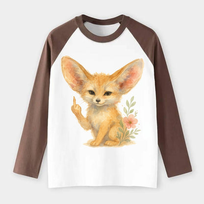 tiny fennec fox with oversized ears, one small paw raised in sass - Raglan Long Sleeve T-Shirt - Coffee