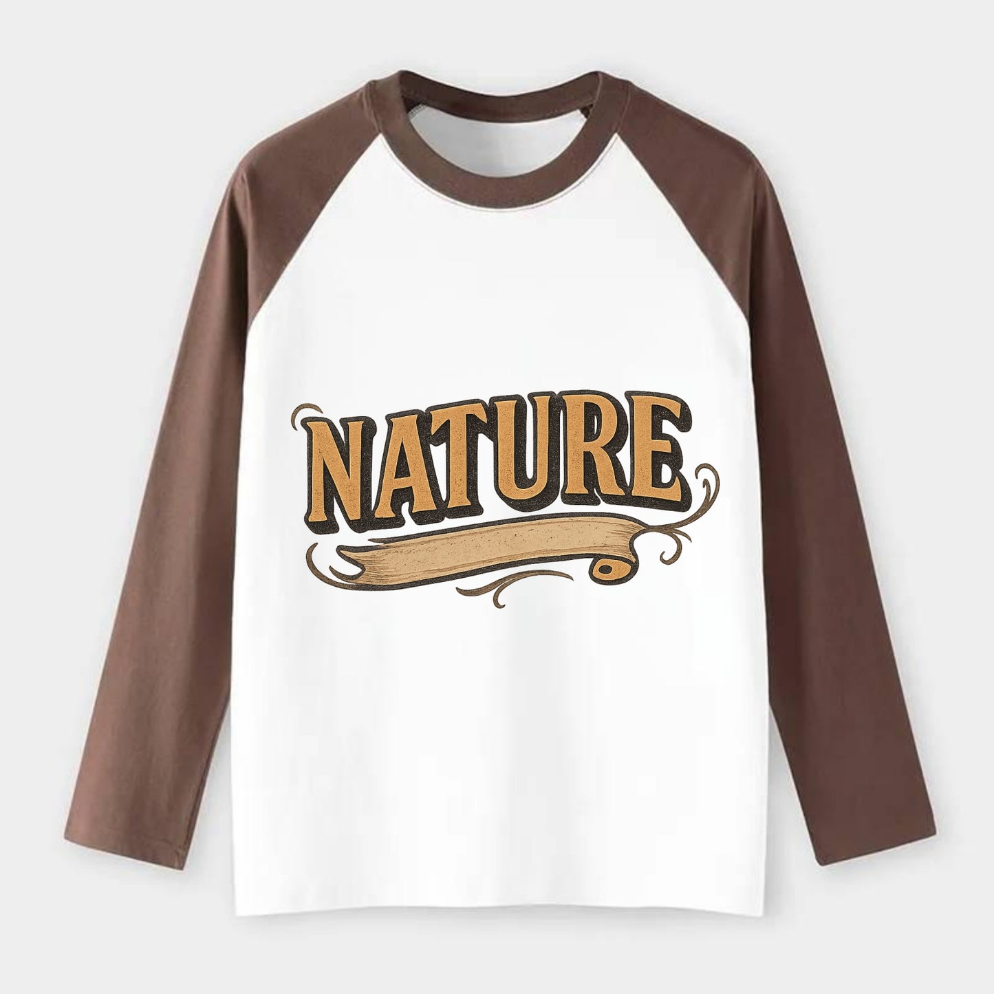 Bold typography design - "NATURE" - natural world, organic - Raglan Long Sleeve T-Shirt - Coffee