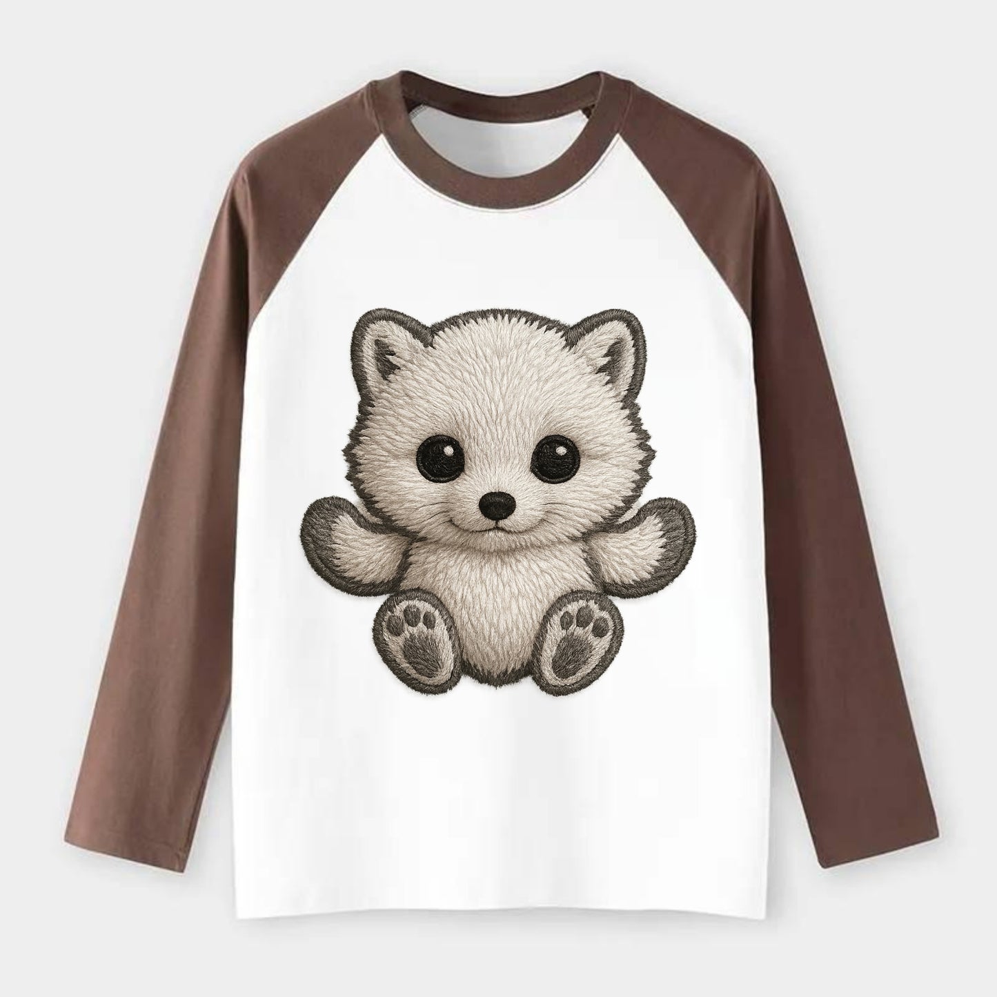 Baby Arctic Fox - white fluffy, tiny black nose, bright curious eyes, - Raglan Long Sleeve T-Shirt - Coffee