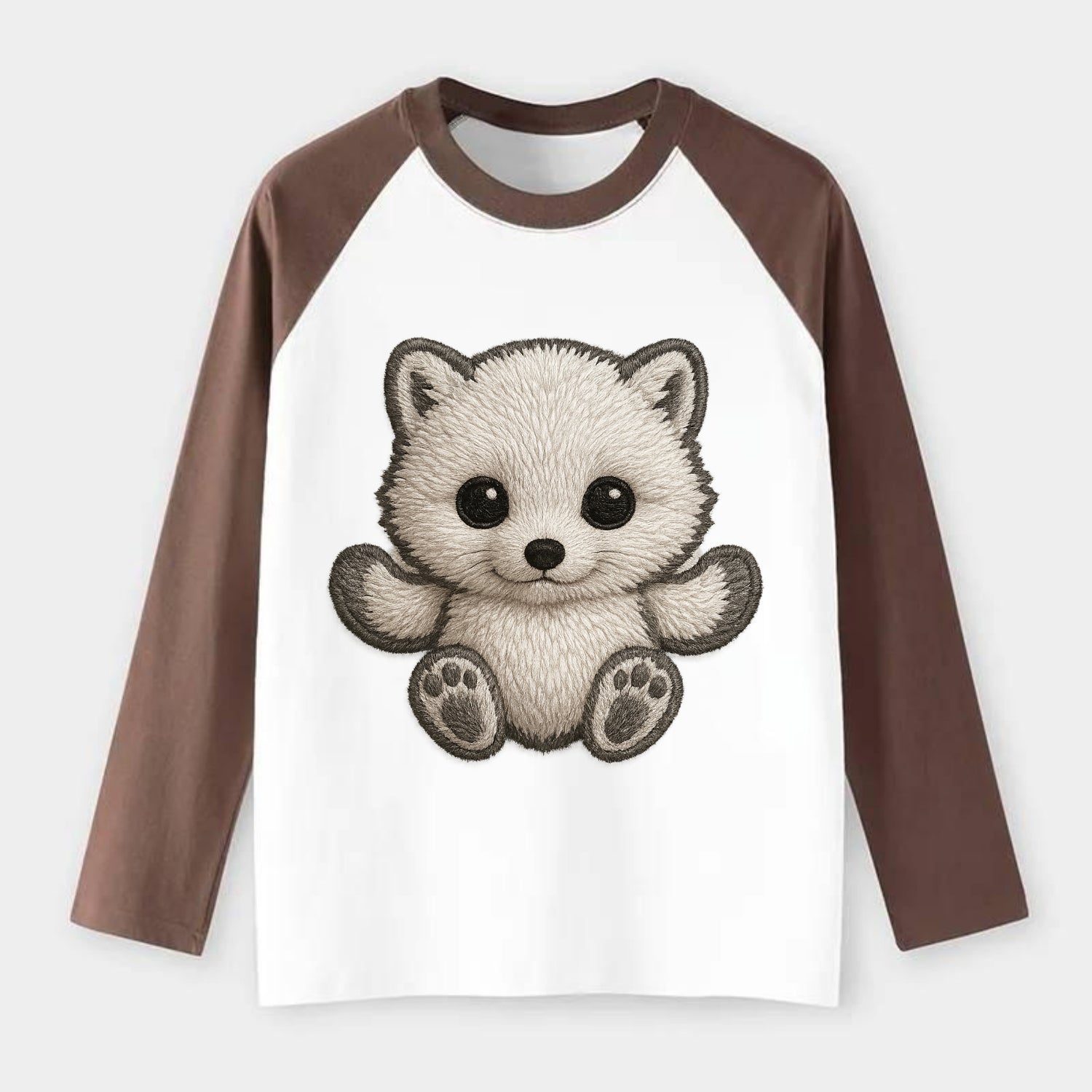 Baby Arctic Fox - white fluffy, tiny black nose, bright curious eyes, - Raglan Long Sleeve T-Shirt - Coffee