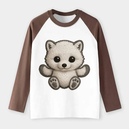 Baby Arctic Fox - white fluffy, tiny black nose, bright curious eyes, - Raglan Long Sleeve T-Shirt - Coffee