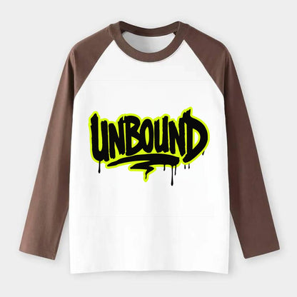 Bold typography design - "UNBOUND" - without limits, free from - Raglan Long Sleeve T-Shirt - Coffee