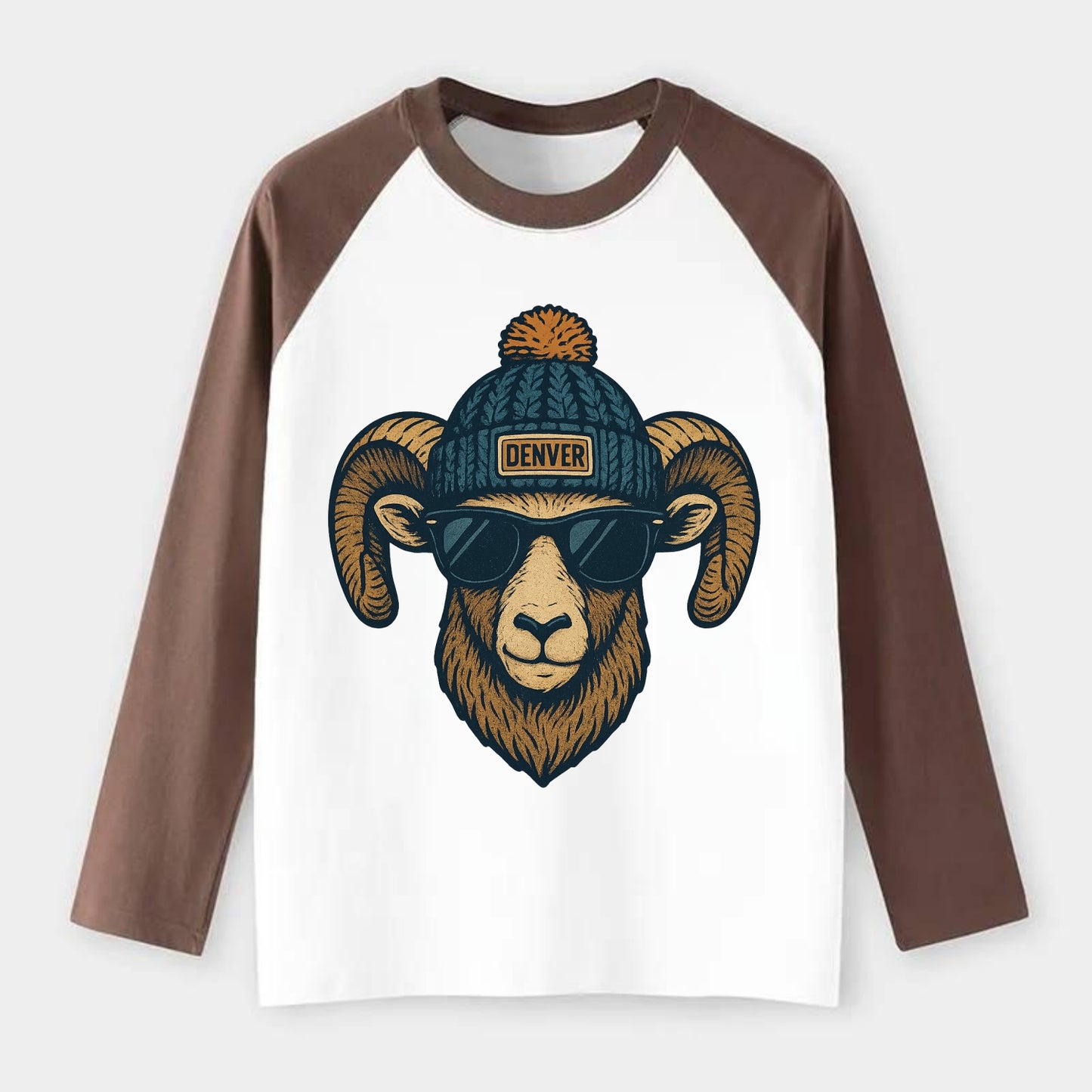 Colorado Rocky Mountain Bighorn Sheep wearing Denver beanie with pom - Raglan Long Sleeve T-Shirt - Coffee
