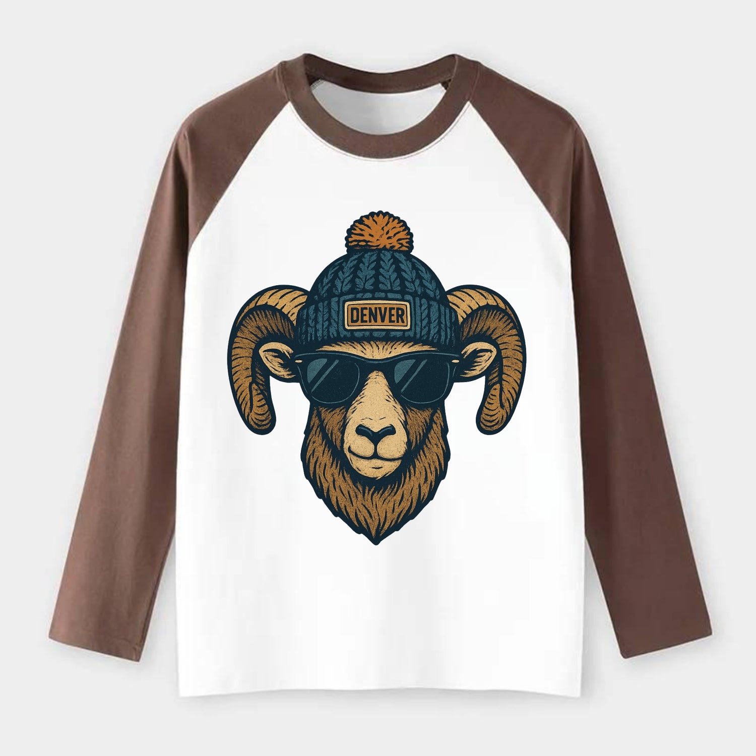 Colorado Rocky Mountain Bighorn Sheep wearing Denver beanie with pom - Raglan Long Sleeve T-Shirt - Coffee