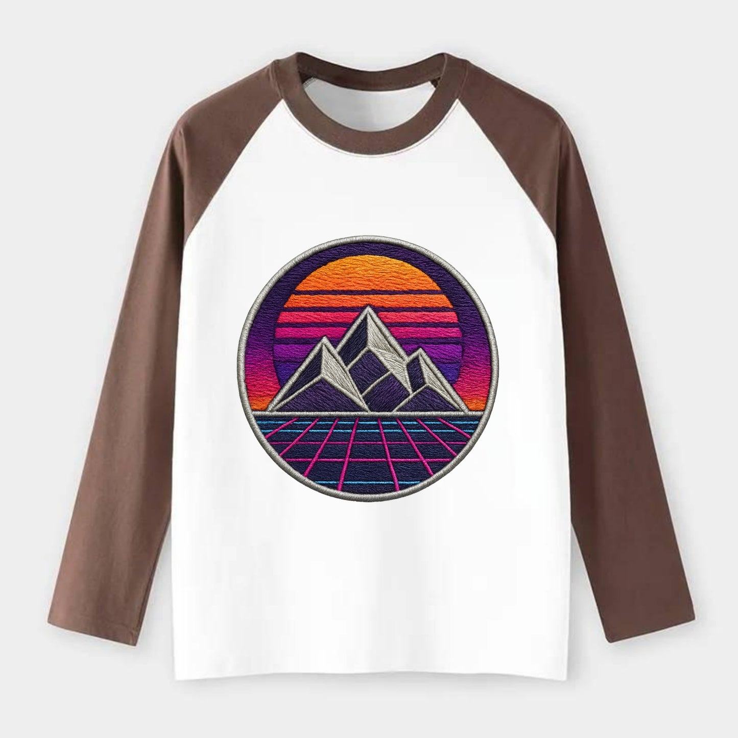 Retrowave Mountains - Raglan Long Sleeve T-Shirt - Coffee