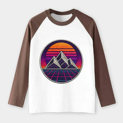Retrowave Mountains - Raglan Long Sleeve T-Shirt - Coffee