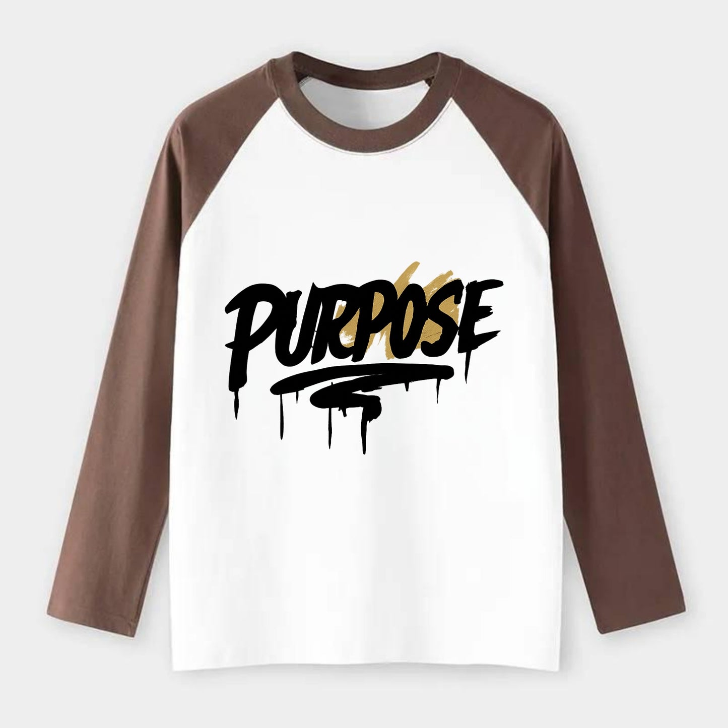 Bold typography design - "PURPOSE" - reason for being - Raglan Long Sleeve T-Shirt - Coffee