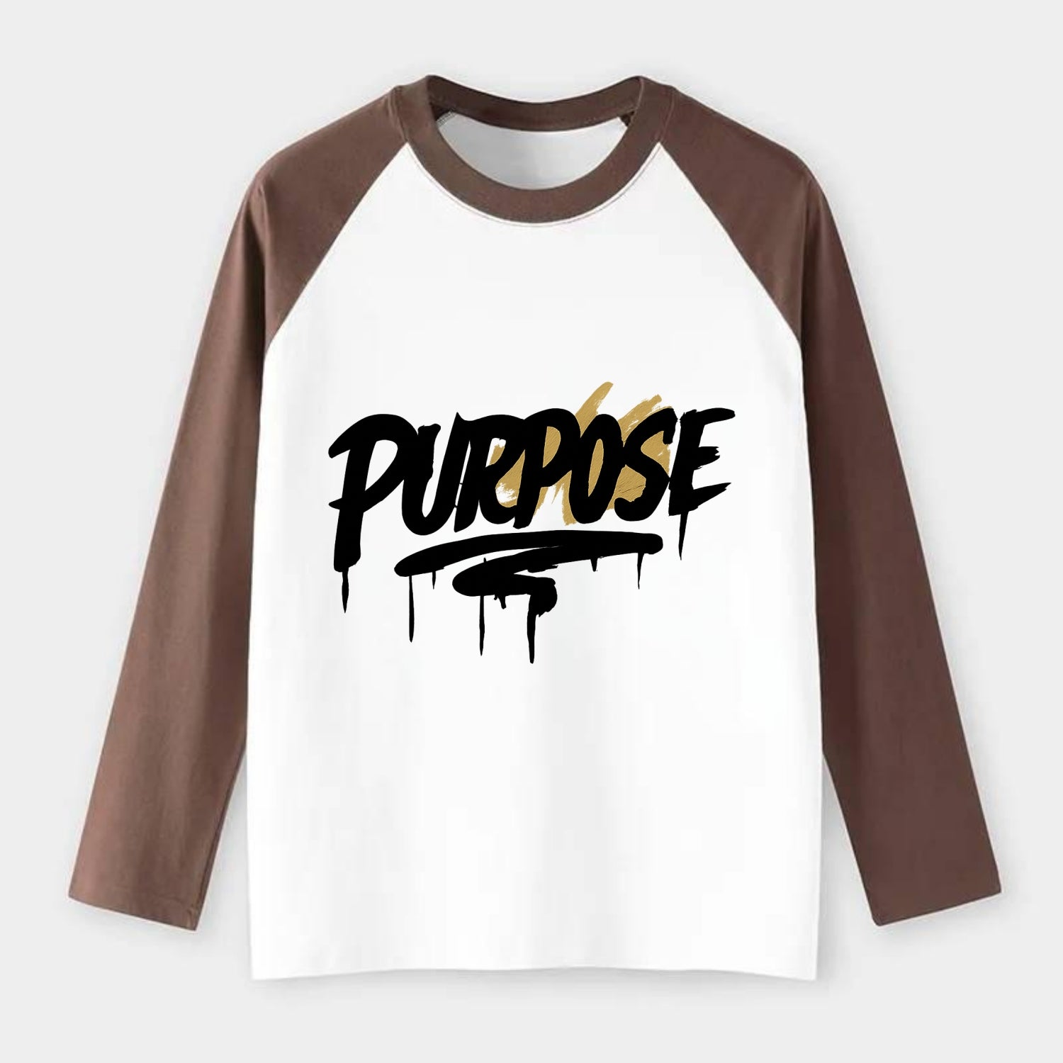 Bold typography design - "PURPOSE" - reason for being - Raglan Long Sleeve T-Shirt - Coffee