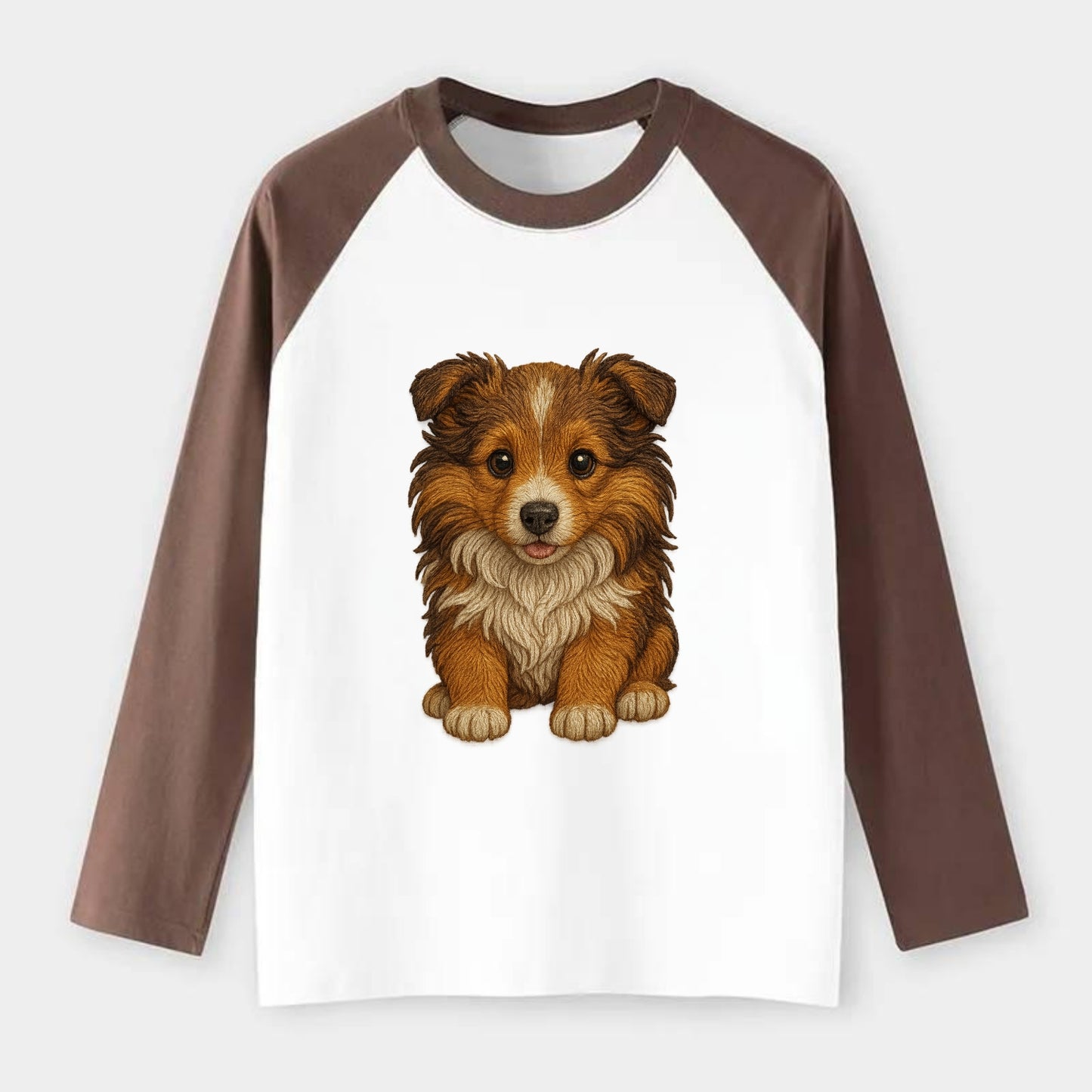 Baby Shetland Sheepdog Puppy - mini collie look, flowing mane, - Raglan Long Sleeve T-Shirt - Coffee