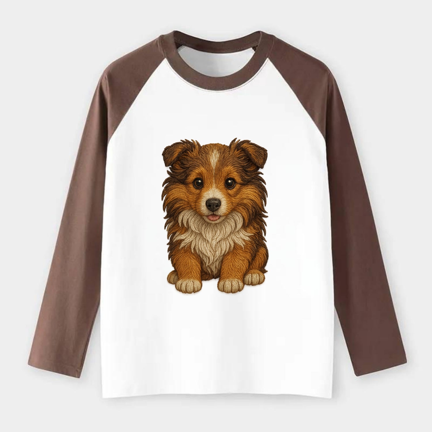 Baby Shetland Sheepdog Puppy - mini collie look, flowing mane, - Raglan Long Sleeve T-Shirt - Coffee