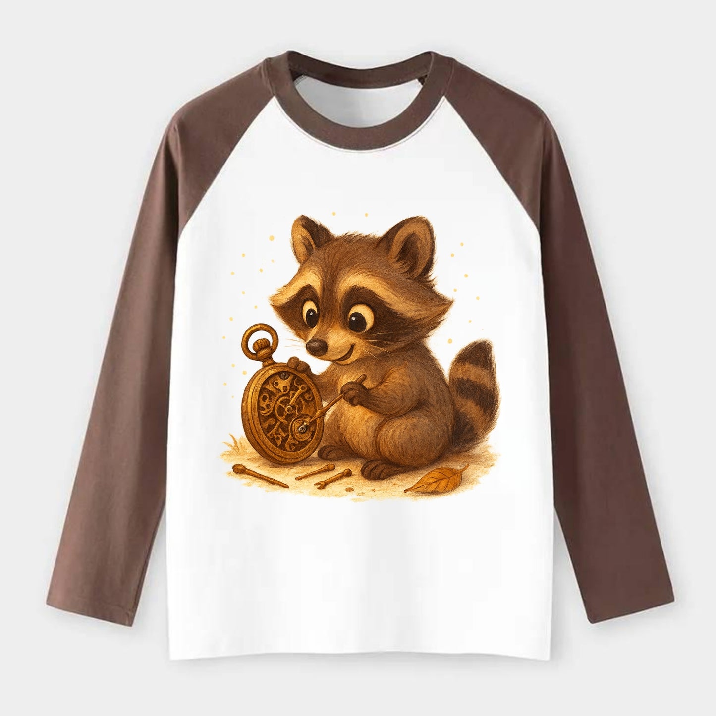 Raccoon tinkering with a steampunk pocket watch using tiny brass tools - Raglan Long Sleeve T-Shirt - Coffee