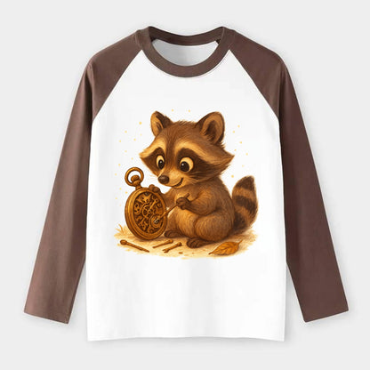 Raccoon tinkering with a steampunk pocket watch using tiny brass tools - Raglan Long Sleeve T-Shirt - Coffee