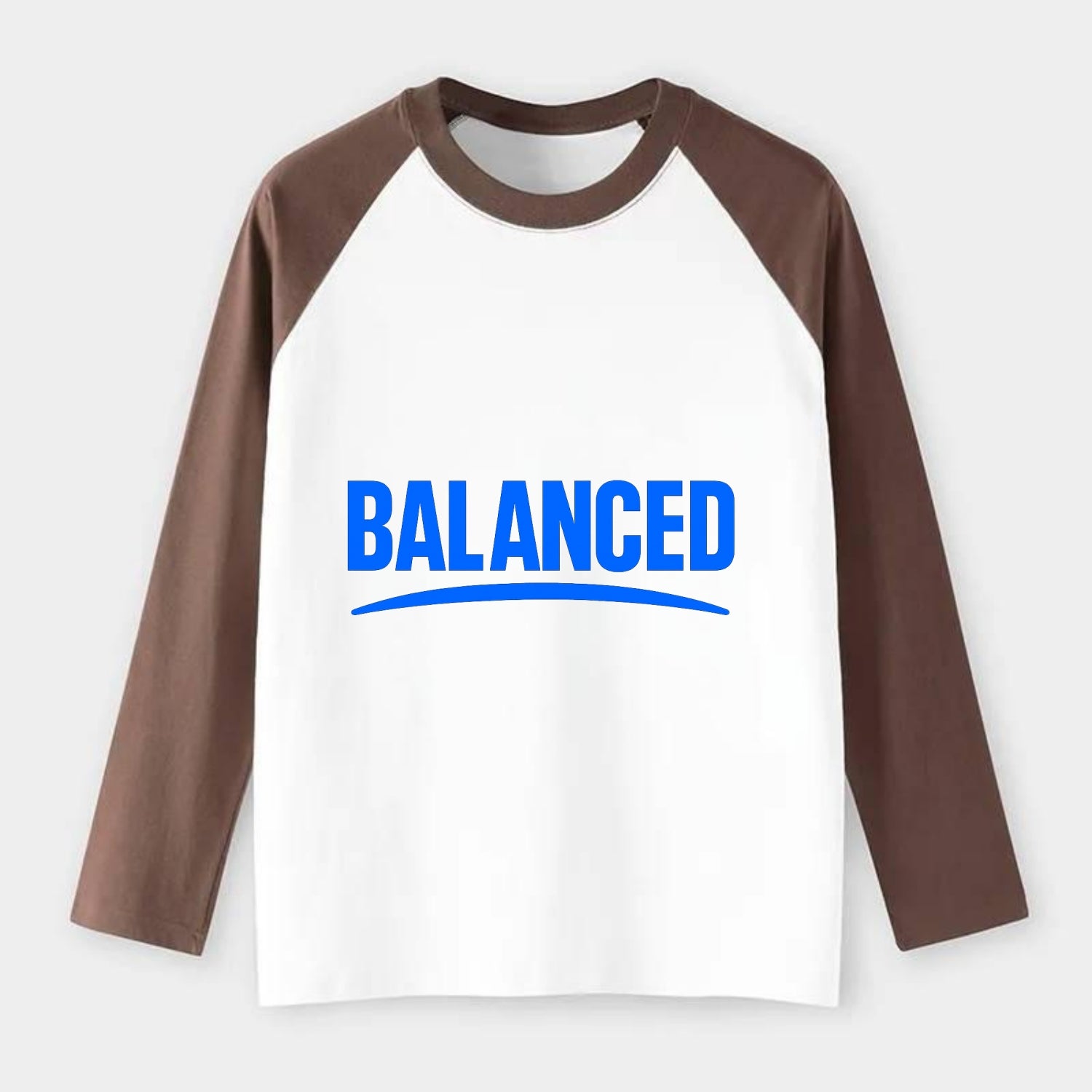 Bold typography design - "BALANCED" - harmony, equilibrium, centered - Raglan Long Sleeve T-Shirt - Coffee