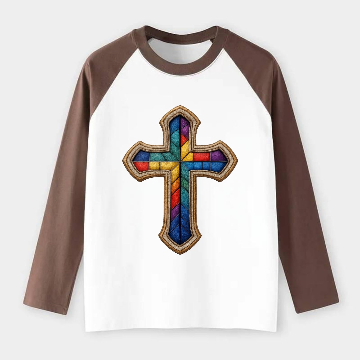 Stained Glass Cross  - Raglan Long Sleeve T-Shirt - Coffee