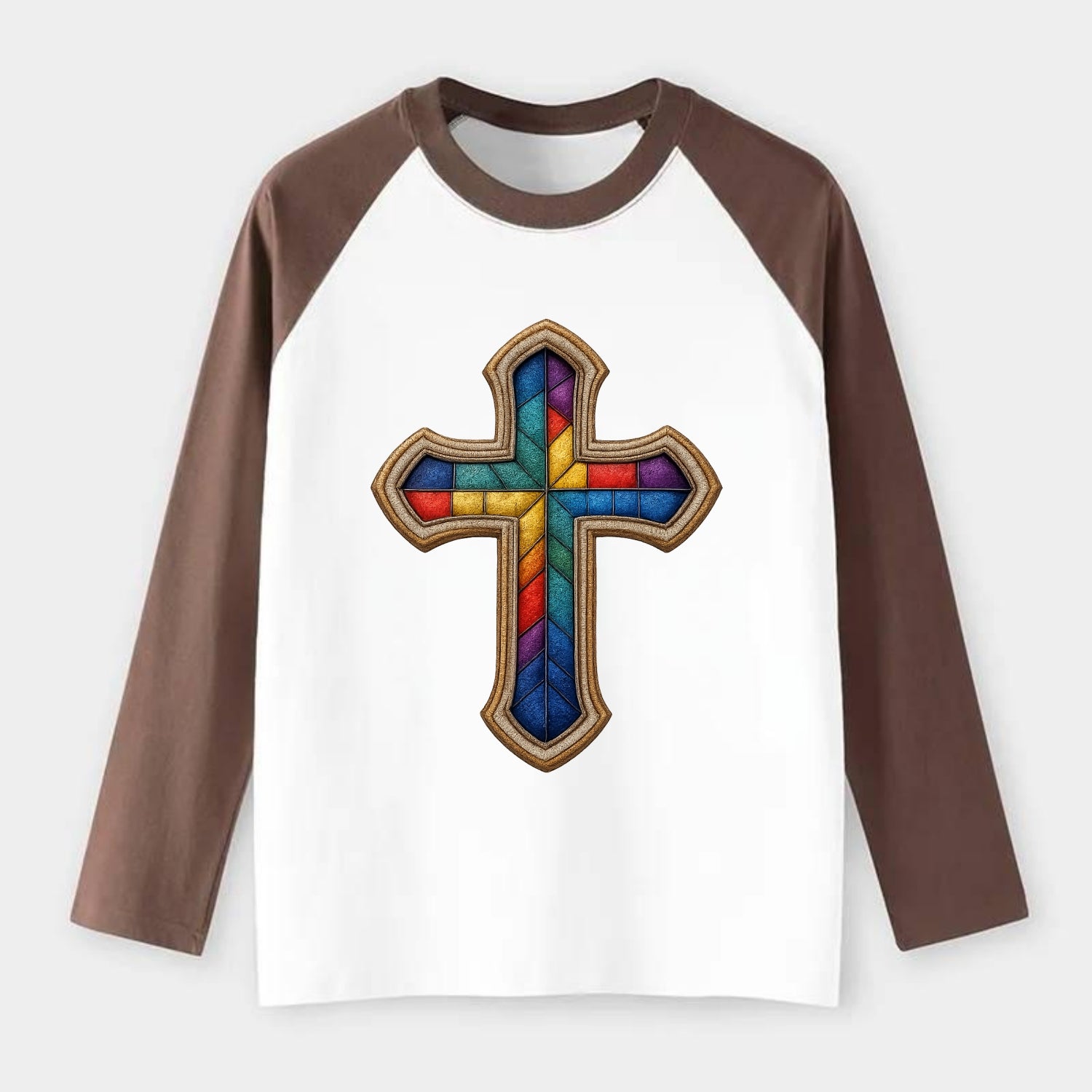 Stained Glass Cross  - Raglan Long Sleeve T-Shirt - Coffee