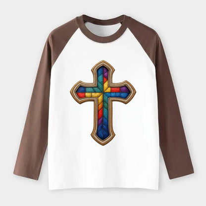 Stained Glass Cross  - Raglan Long Sleeve T-Shirt - Coffee