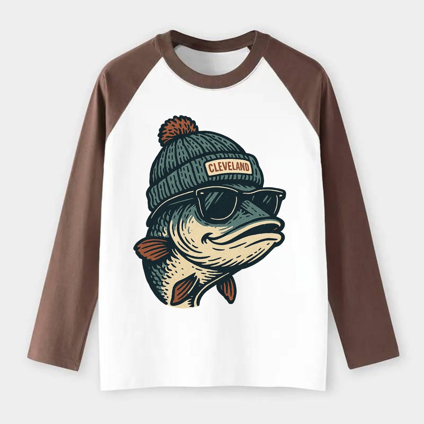 Cleveland Lake Erie Walleye wearing Cleveland beanie with pom pom and - Raglan Long Sleeve T-Shirt - Coffee