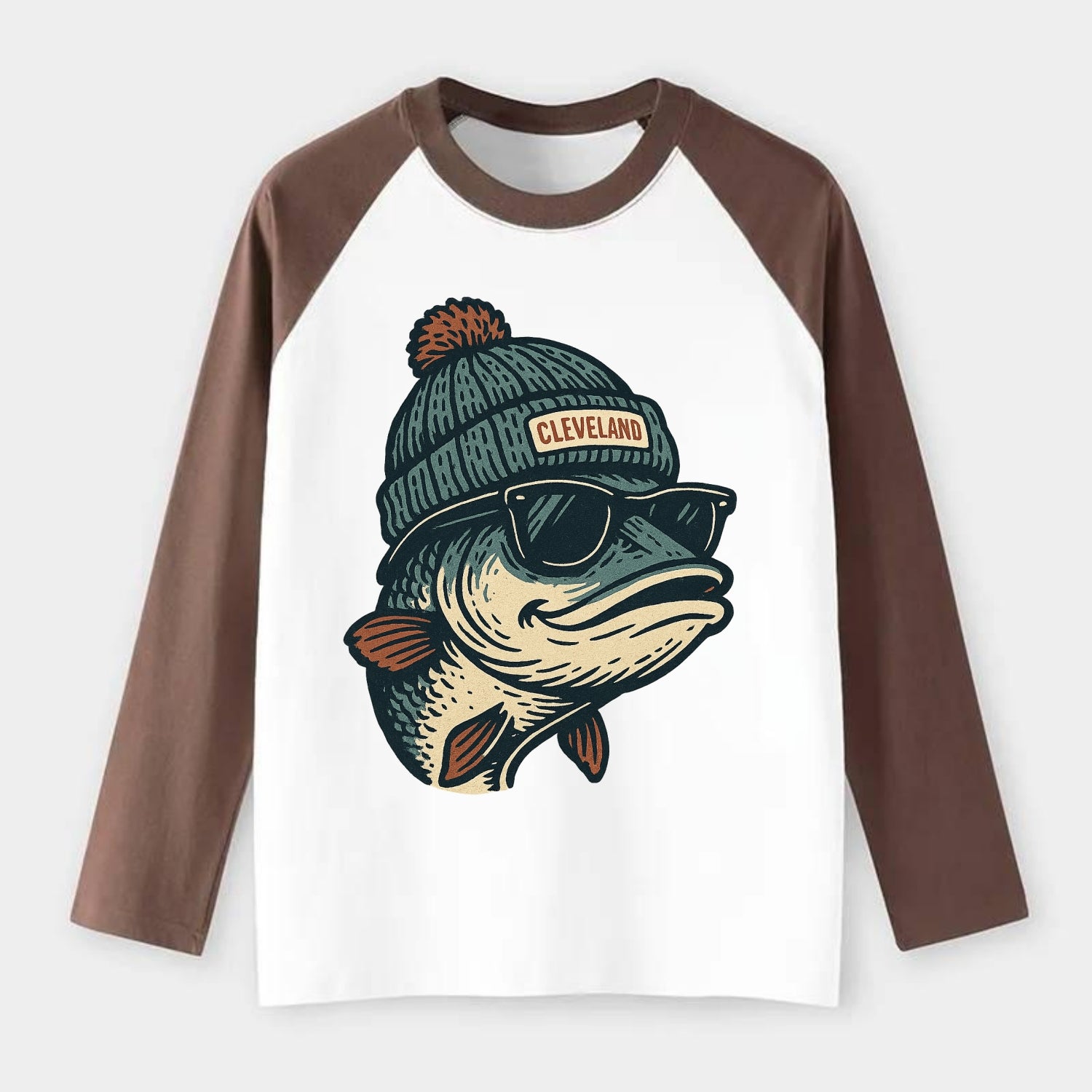Cleveland Lake Erie Walleye wearing Cleveland beanie with pom pom and - Raglan Long Sleeve T-Shirt - Coffee