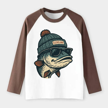 Cleveland Lake Erie Walleye wearing Cleveland beanie with pom pom and - Raglan Long Sleeve T-Shirt - Coffee