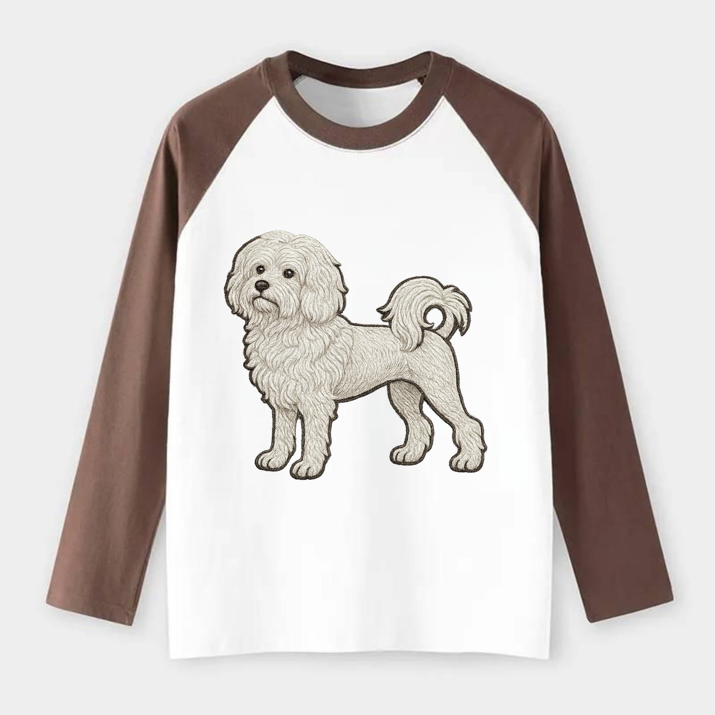 Löwchen - Little Lion Dog white embroidered pose - Raglan Long Sleeve T-Shirt - Coffee